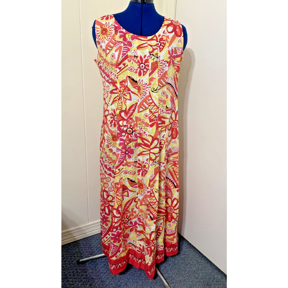 Vintage Choices Women's Linen Dress Large Yellow Red Abstract Pattern Midi Beach